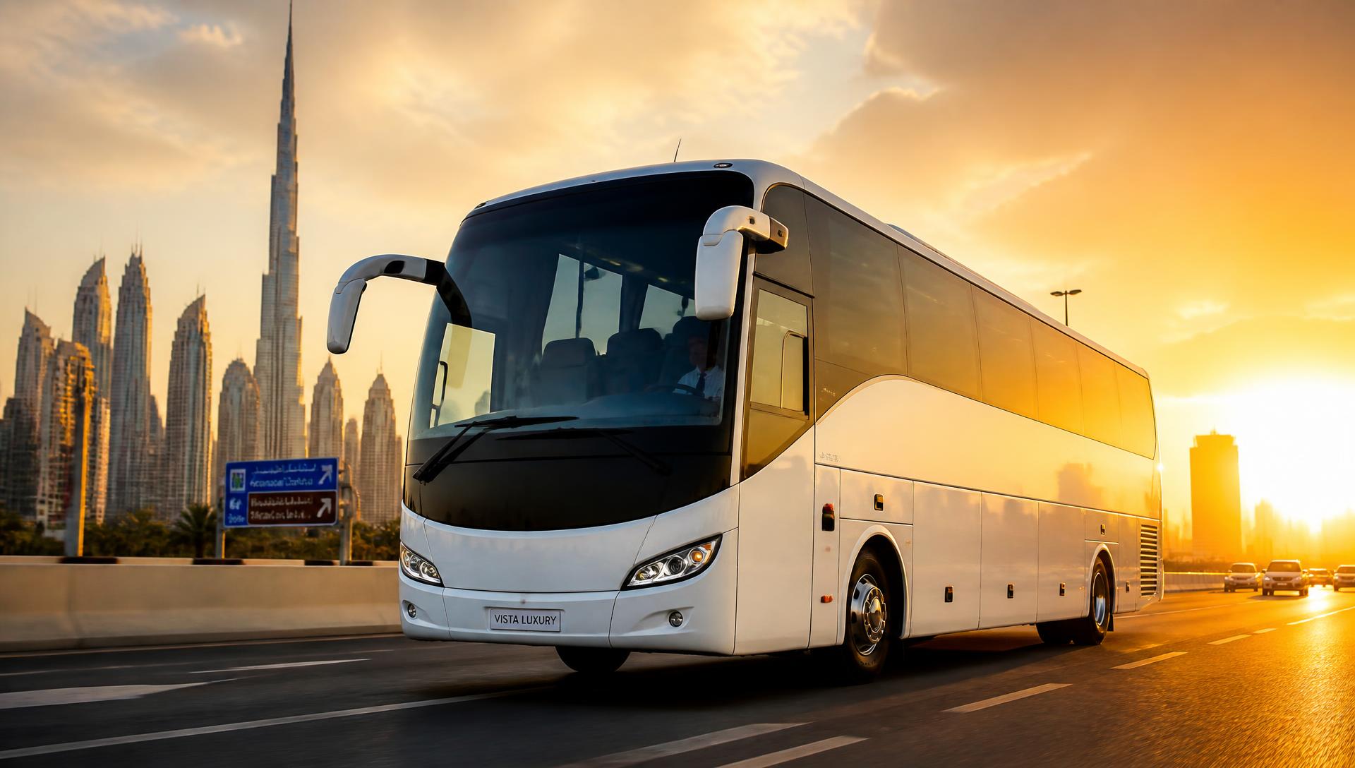 Luxury coach travelling towards the Dubai skyline